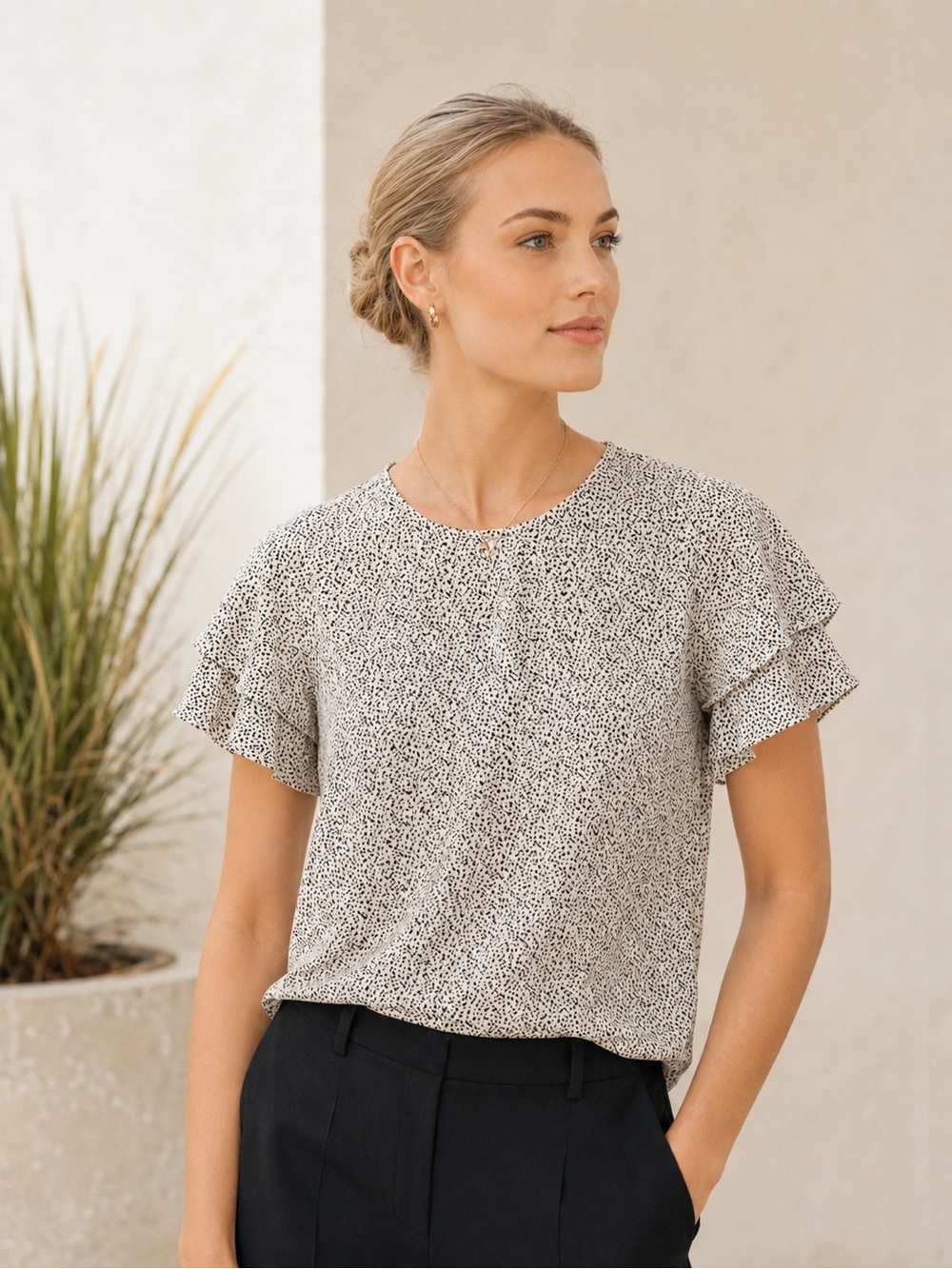 Adrianna Papell Cream Top with Black Micro Dot Print